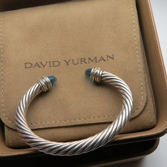 David Yurman Diamond & Blue Topaz 7mmm Cable Bangle - Picture 1 of 9